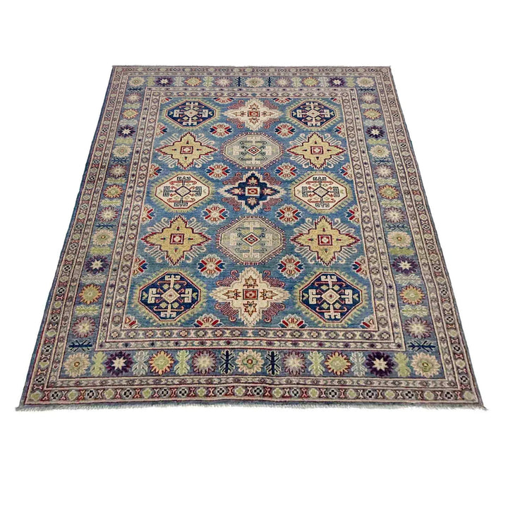 Blue Afghan Kazak Rug 4' 11" x 6' 7" Hand-Knotted | No. AL67616