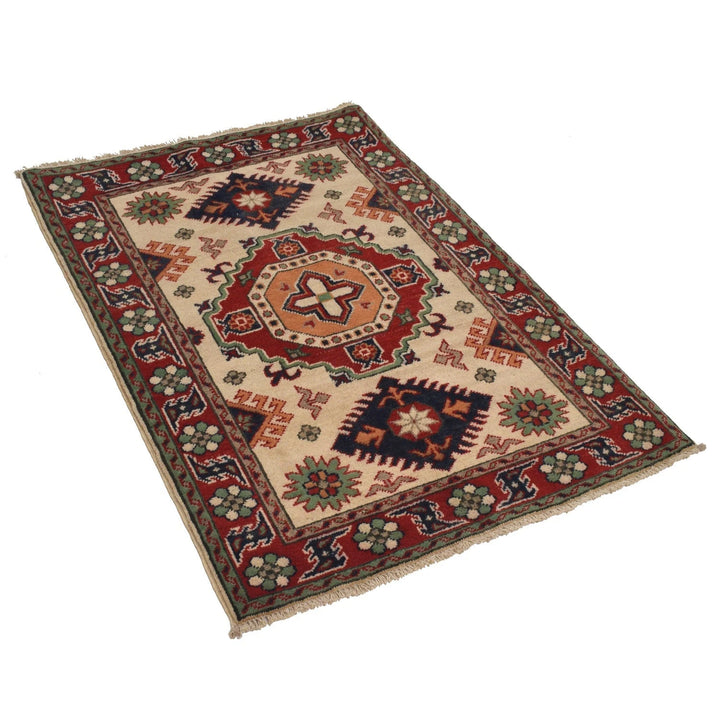 Ivory Afghan Kazak Rug 2' 8" x 3' 10" Hand-Knotted | No. AL68046