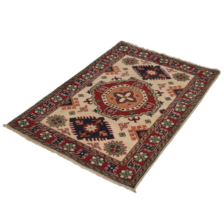 Ivory Afghan Kazak Rug 2' 8" x 3' 10" Hand-Knotted | No. AL68046