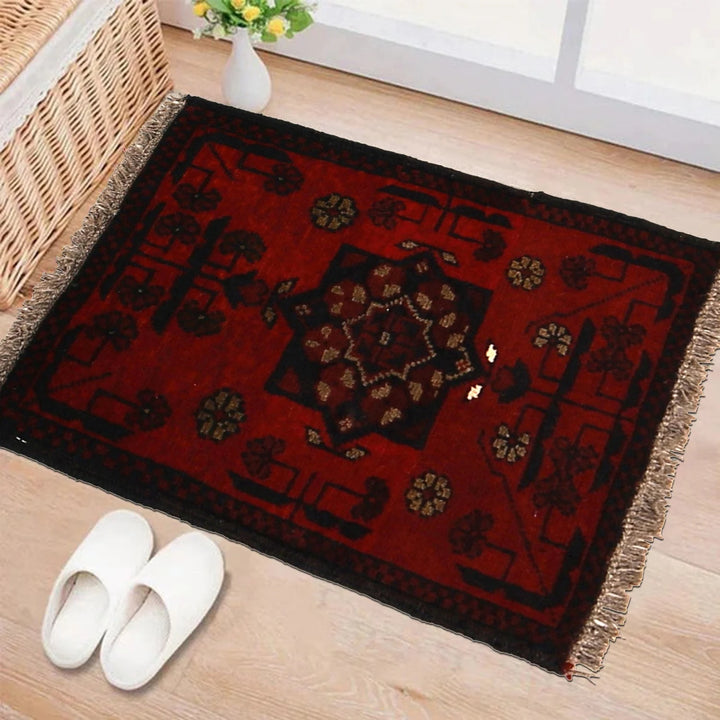 Red Afghan Oriental Doormat 1' 5" x 2' 0" Hand-Knotted | No. AL68057