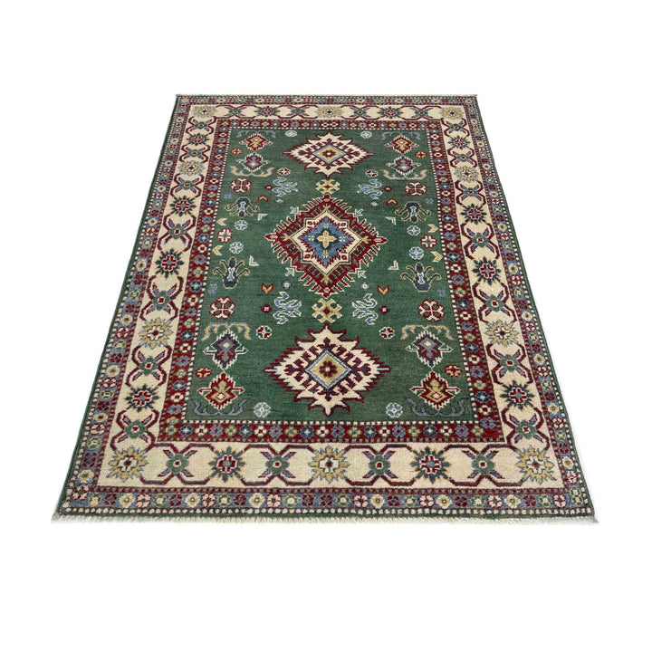 Green Afghan Kazak Rug 3' 3" x 5' 0" Hand-Knotted | No. AL68109