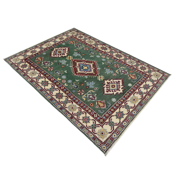 Green Afghan Kazak Rug 3' 3" x 5' 0" Hand-Knotted | No. AL68109