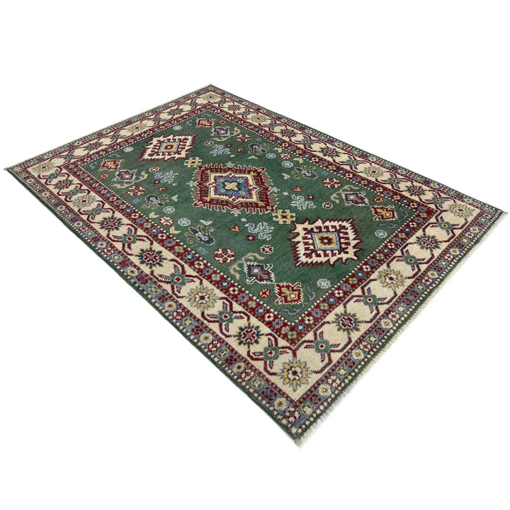 Green Afghan Kazak Rug 3' 3" x 5' 0" Hand-Knotted | No. AL68109