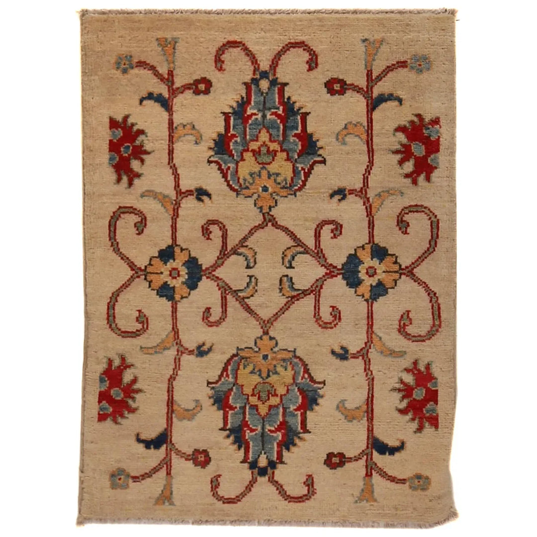 Beige Afghan Kazak Rug 2' 0" x 2' 9" Hand-Knotted | No. AL68113