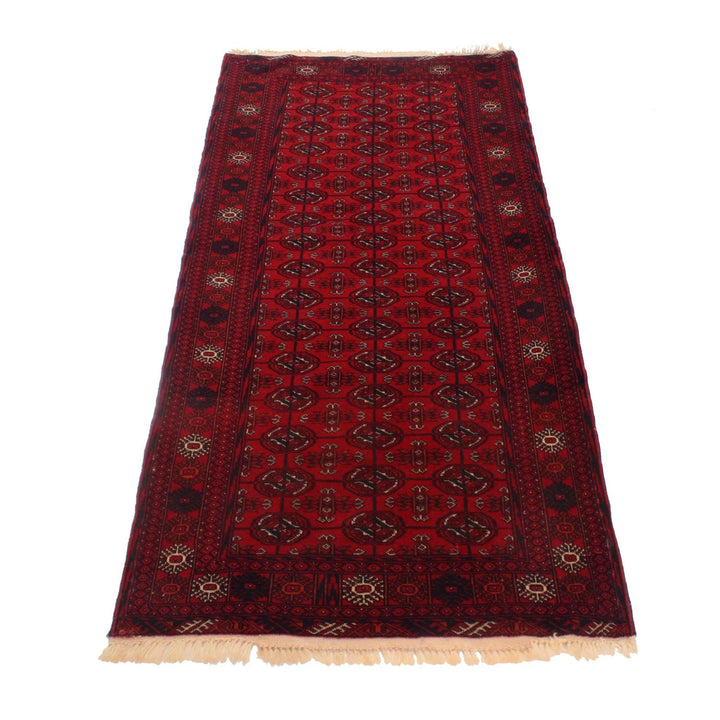 Red Afghan Bokhara Rug 2' 9" x 5' 5" Hand-Knotted | No. AL68202