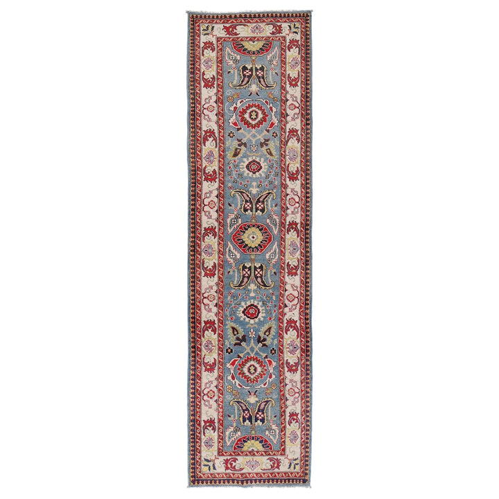 Blue Afghan Kazak Rug 3' 1" x 12' 10" Hand-Knotted | No. AL68305