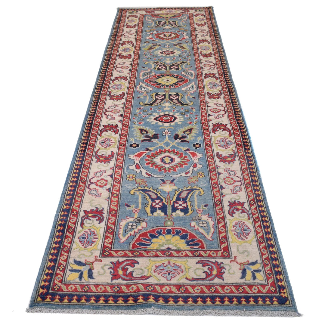 Blue Afghan Kazak Rug 3' 1" x 12' 10" Hand-Knotted | No. AL68305