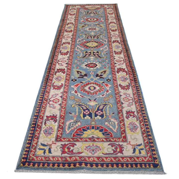 Blue Afghan Kazak Rug 3' 1" x 12' 10" Hand-Knotted | No. AL68305