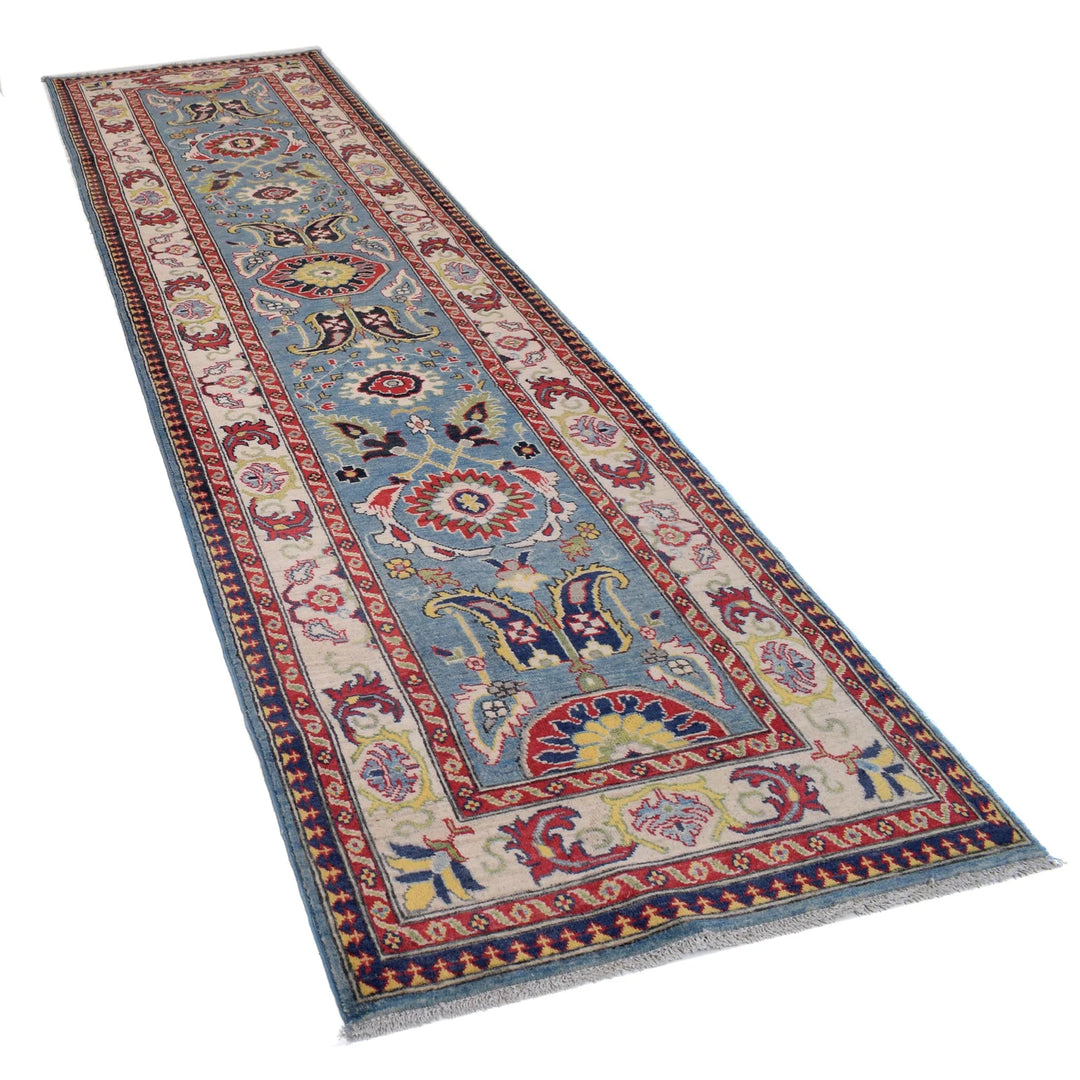 Blue Afghan Kazak Rug 3' 1" x 12' 10" Hand-Knotted | No. AL68305
