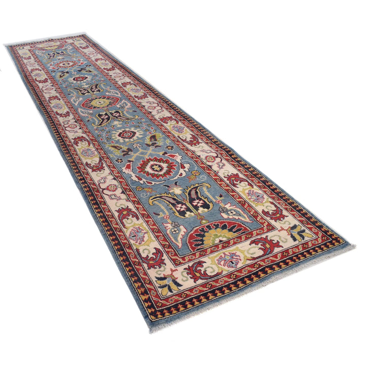 Blue Afghan Kazak Rug 3' 1" x 12' 10" Hand-Knotted | No. AL68305