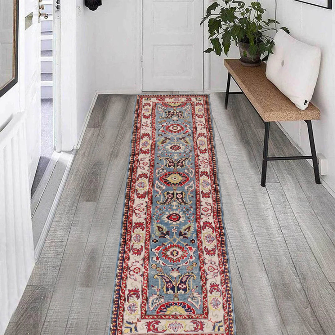 Blue Afghan Kazak Rug 3' 1" x 12' 10" Hand-Knotted | No. AL68305