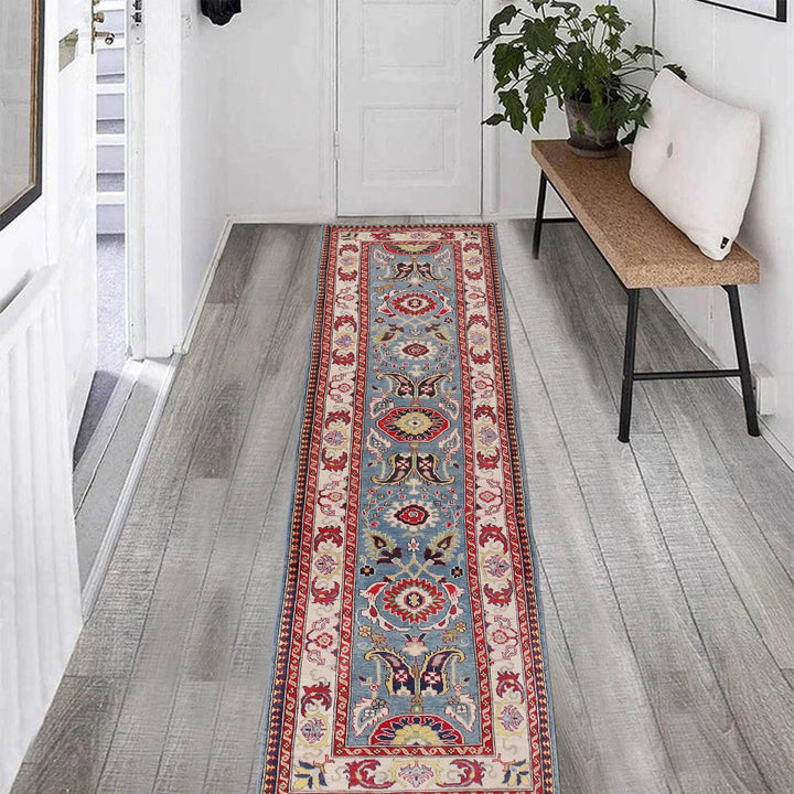 Blue Afghan Kazak Rug 3' 1" x 12' 10" Hand-Knotted | No. AL68305