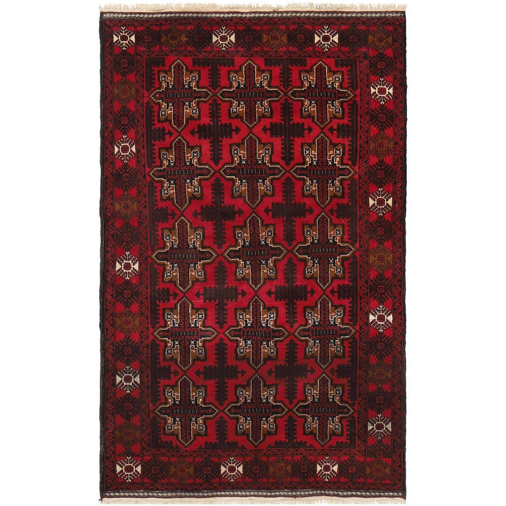 Red Afghan Baluchi Rug 4' 0" x 6' 6" Hand-Knotted | No. AL68343