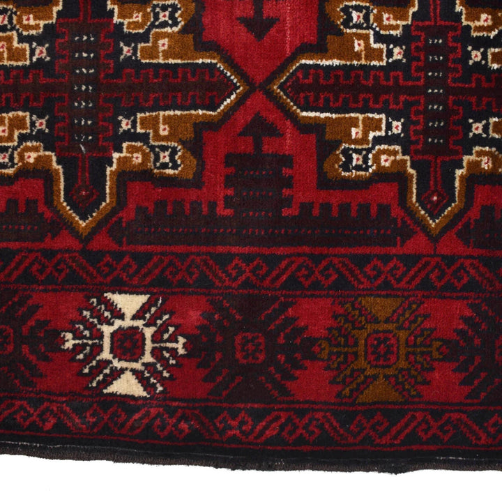 Red Afghan Baluchi Rug 4' 0" x 6' 6" Hand-Knotted | No. AL68343
