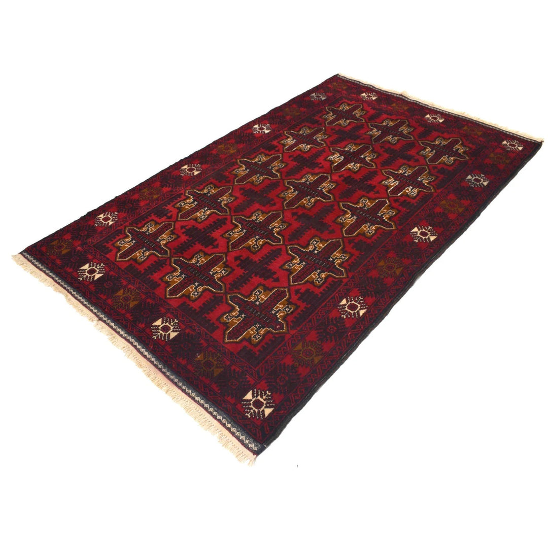Red Afghan Baluchi Rug 4' 0" x 6' 6" Hand-Knotted | No. AL68343