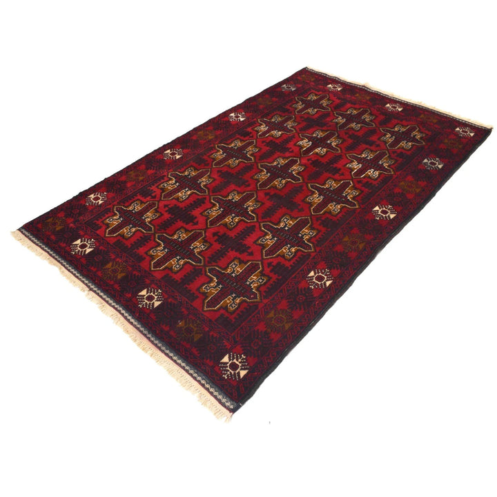 Red Afghan Baluchi Rug 4' 0" x 6' 6" Hand-Knotted | No. AL68343