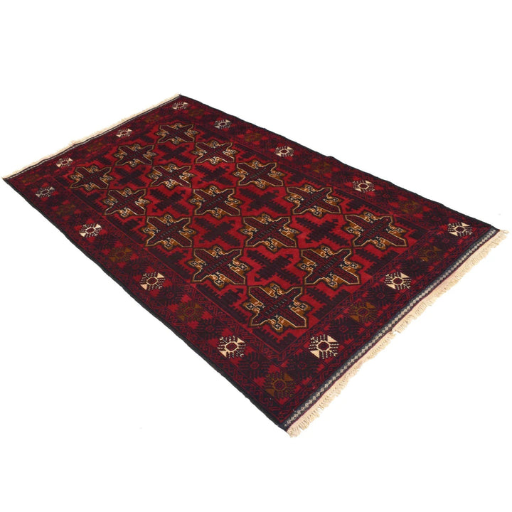 Red Afghan Baluchi Rug 4' 0" x 6' 6" Hand-Knotted | No. AL68343