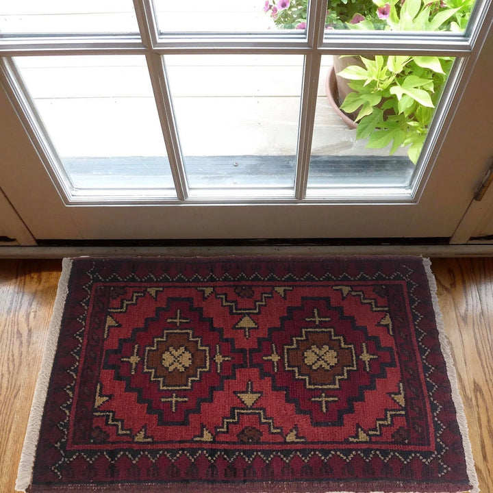 Red Afghan Oriental Doormat 1' 3" x 1' 11" Hand-Knotted | No. AL68372