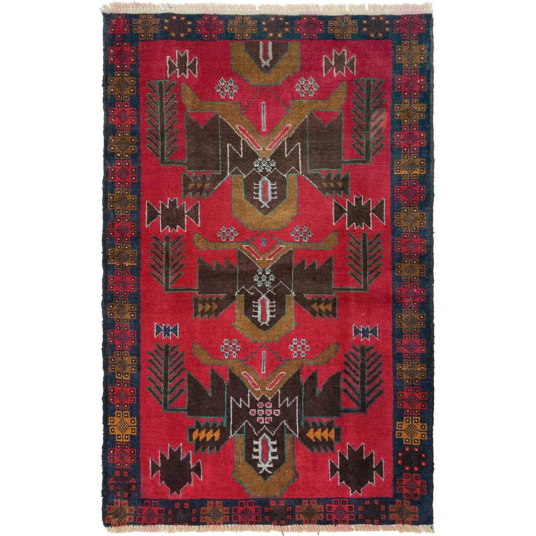 Red Afghan Baluchi Rug 2' 11" x 4' 9" Hand-Knotted | No. AL68553