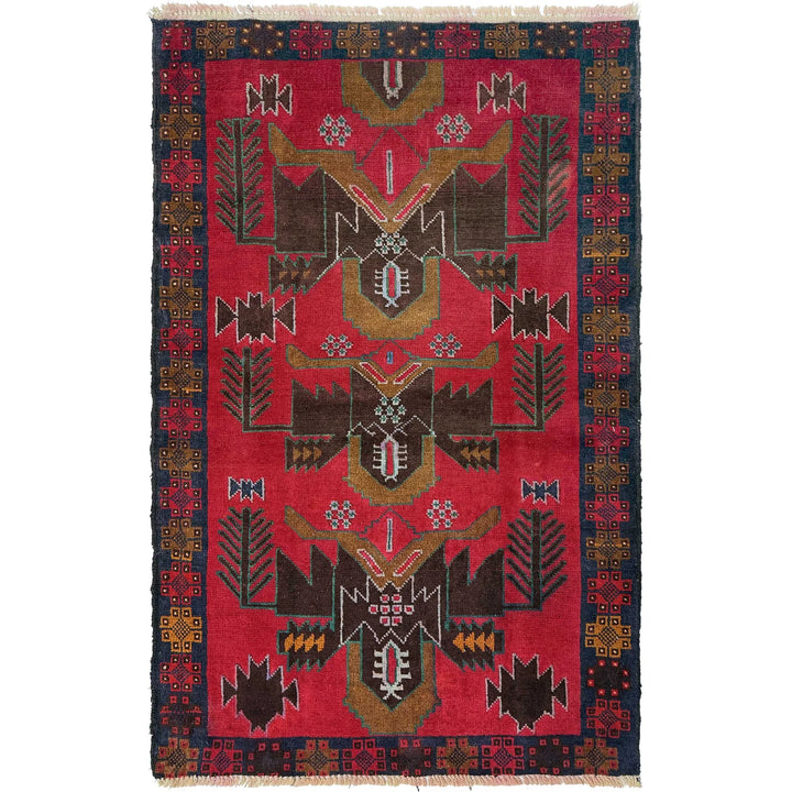 Red Afghan Baluchi Rug 2' 11" x 4' 9" Hand-Knotted | No. AL68553
