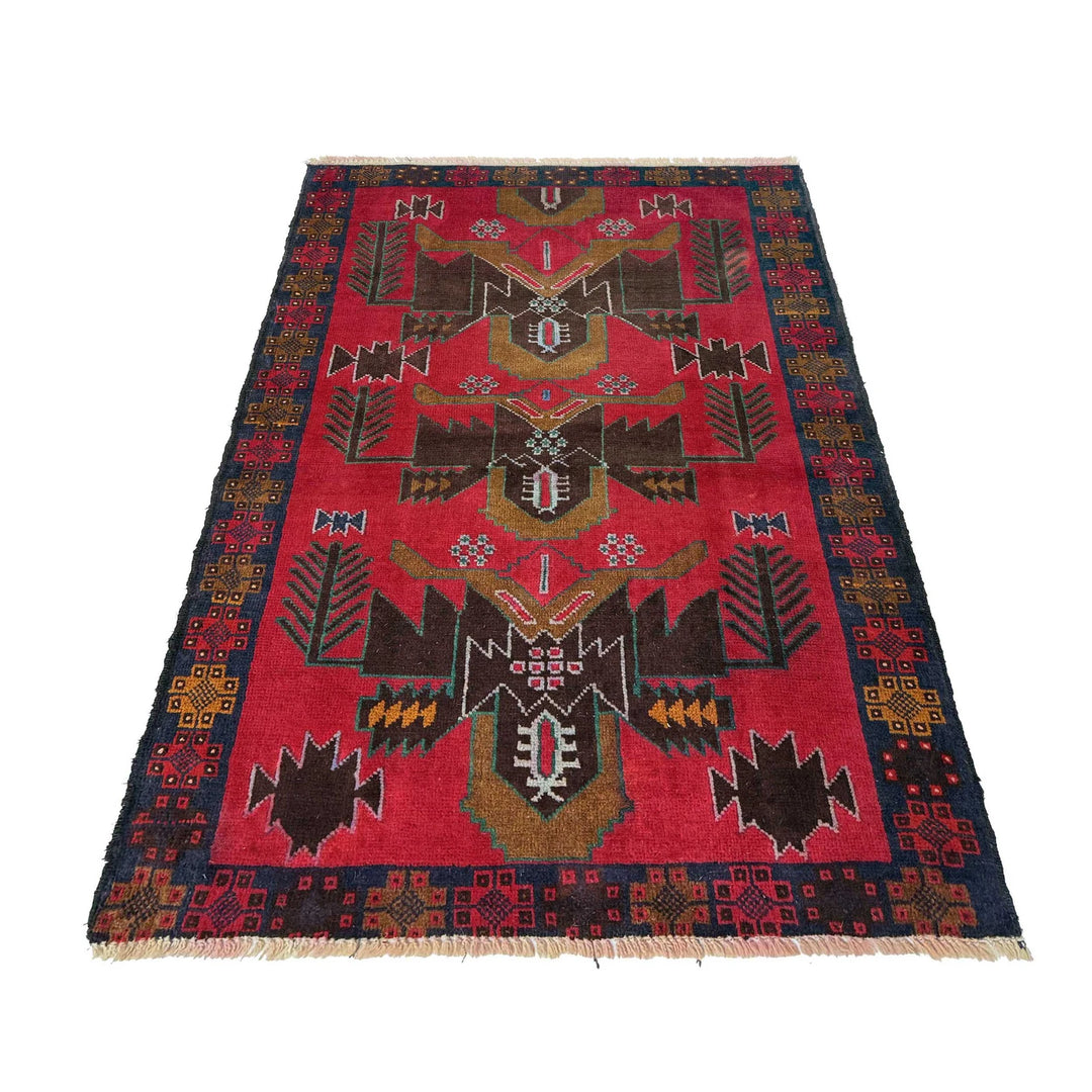 Red Afghan Baluchi Rug 2' 11" x 4' 9" Hand-Knotted | No. AL68553