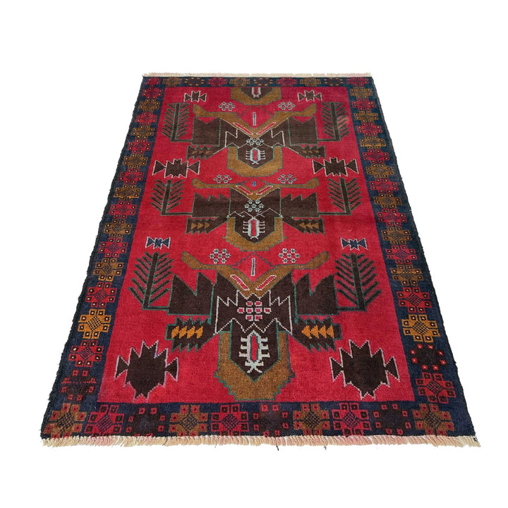 Red Afghan Baluchi Rug 2' 11" x 4' 9" Hand-Knotted | No. AL68553
