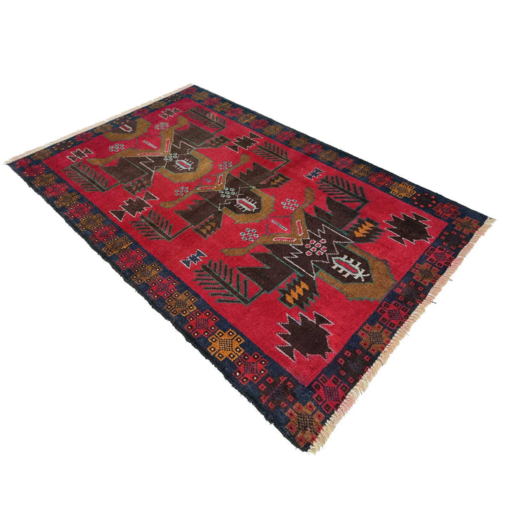 Red Afghan Baluchi Rug 2' 11" x 4' 9" Hand-Knotted | No. AL68553