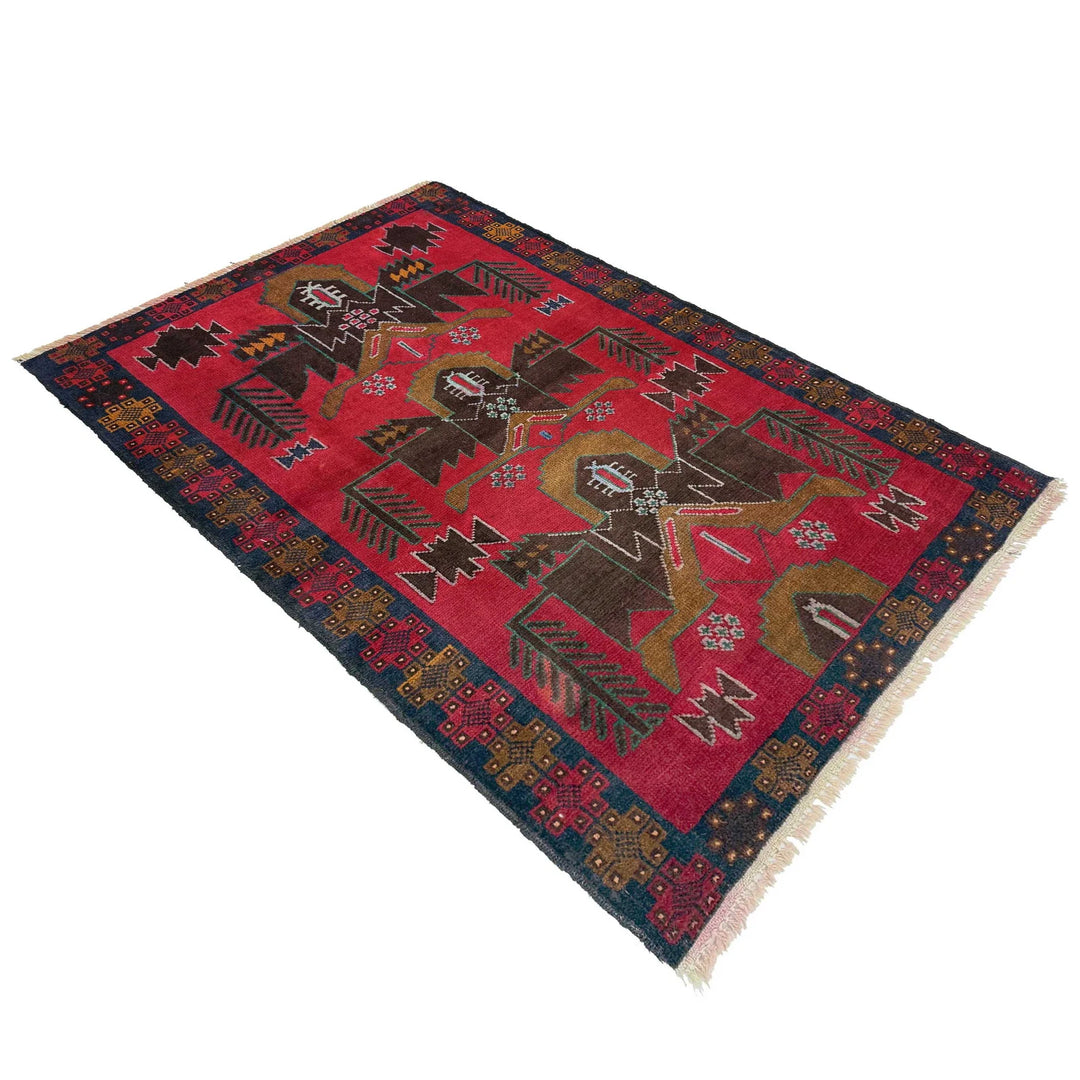 Red Afghan Baluchi Rug 2' 11" x 4' 9" Hand-Knotted | No. AL68553