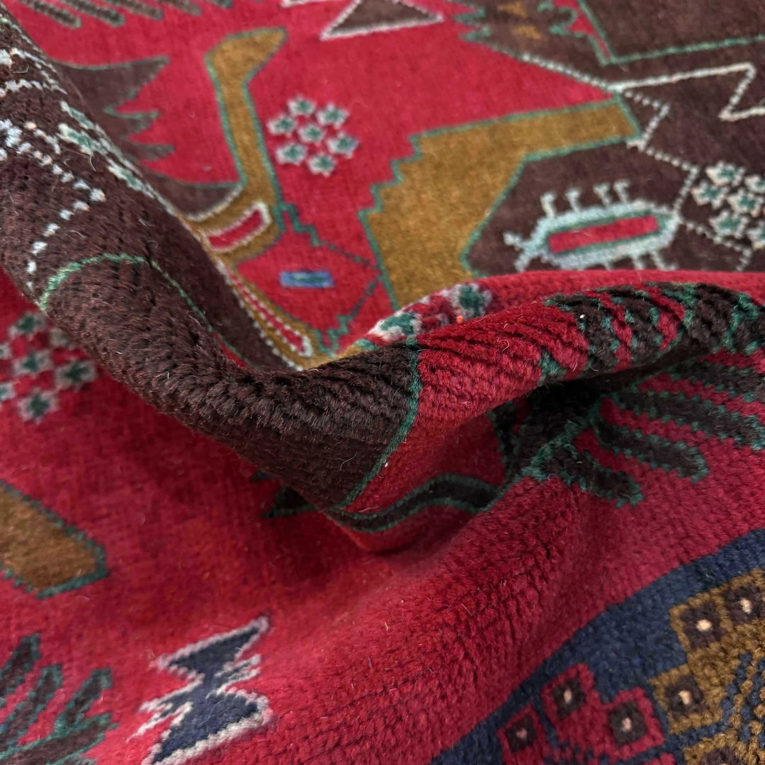 Red Afghan Baluchi Rug 2' 11" x 4' 9" Hand-Knotted | No. AL68553
