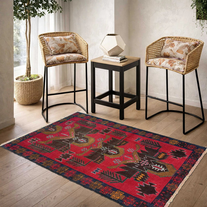 Red Afghan Baluchi Rug 2' 11" x 4' 9" Hand-Knotted | No. AL68553