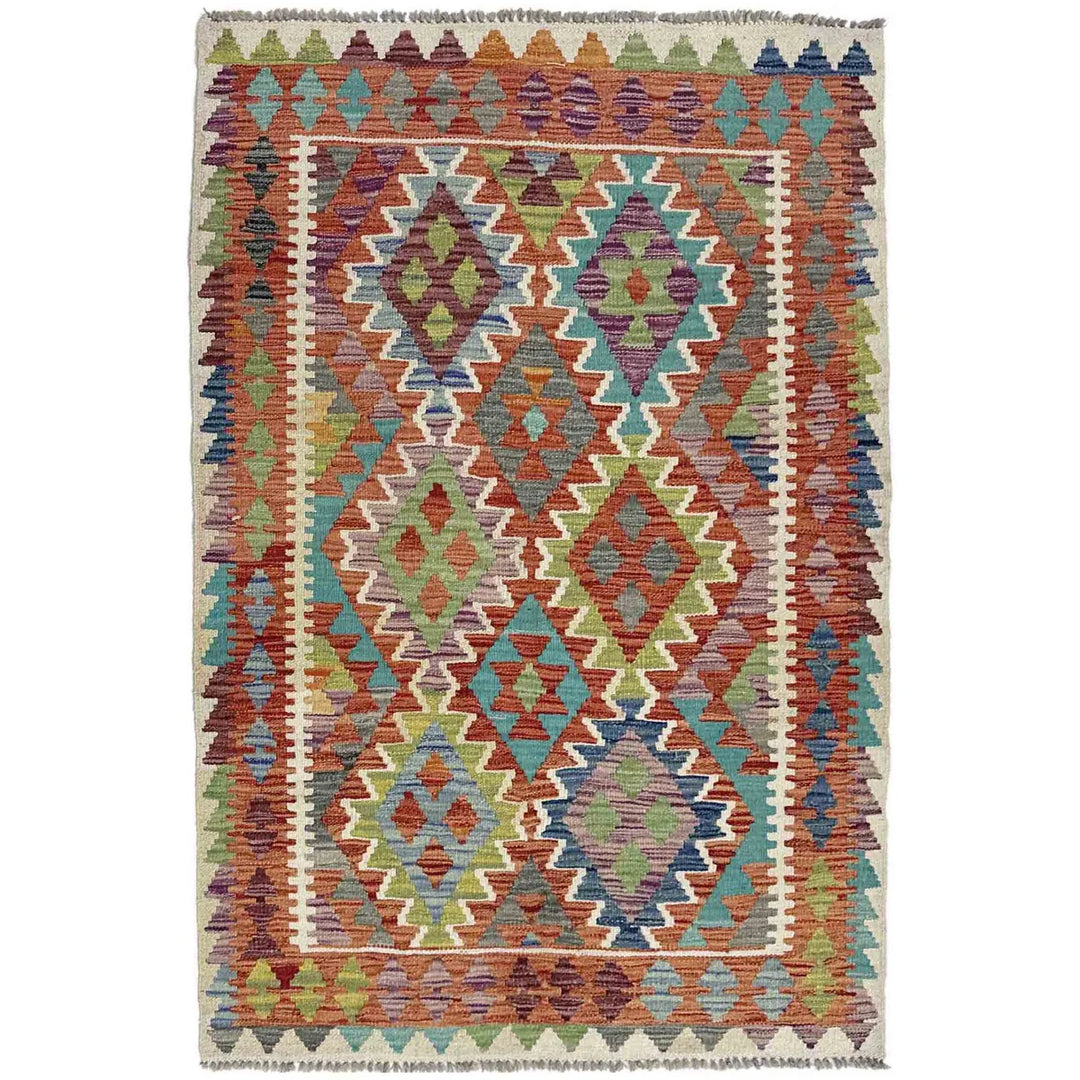 Afghan Vegetable Kilim Rug 3' 5" x 4' 11" Flat-Weave | No. AL685990