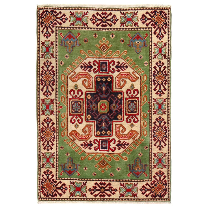 Green Afghan Kazak Rug 3' 3" x 4' 8" Hand-Knotted | No. AL68631