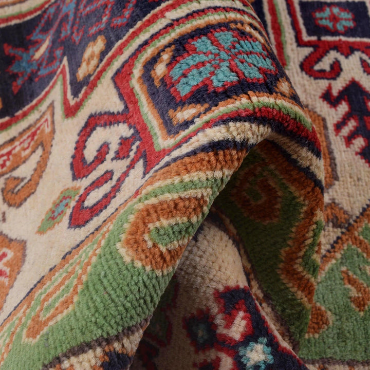 Green Afghan Kazak Rug 3' 3" x 4' 8" Hand-Knotted | No. AL68631