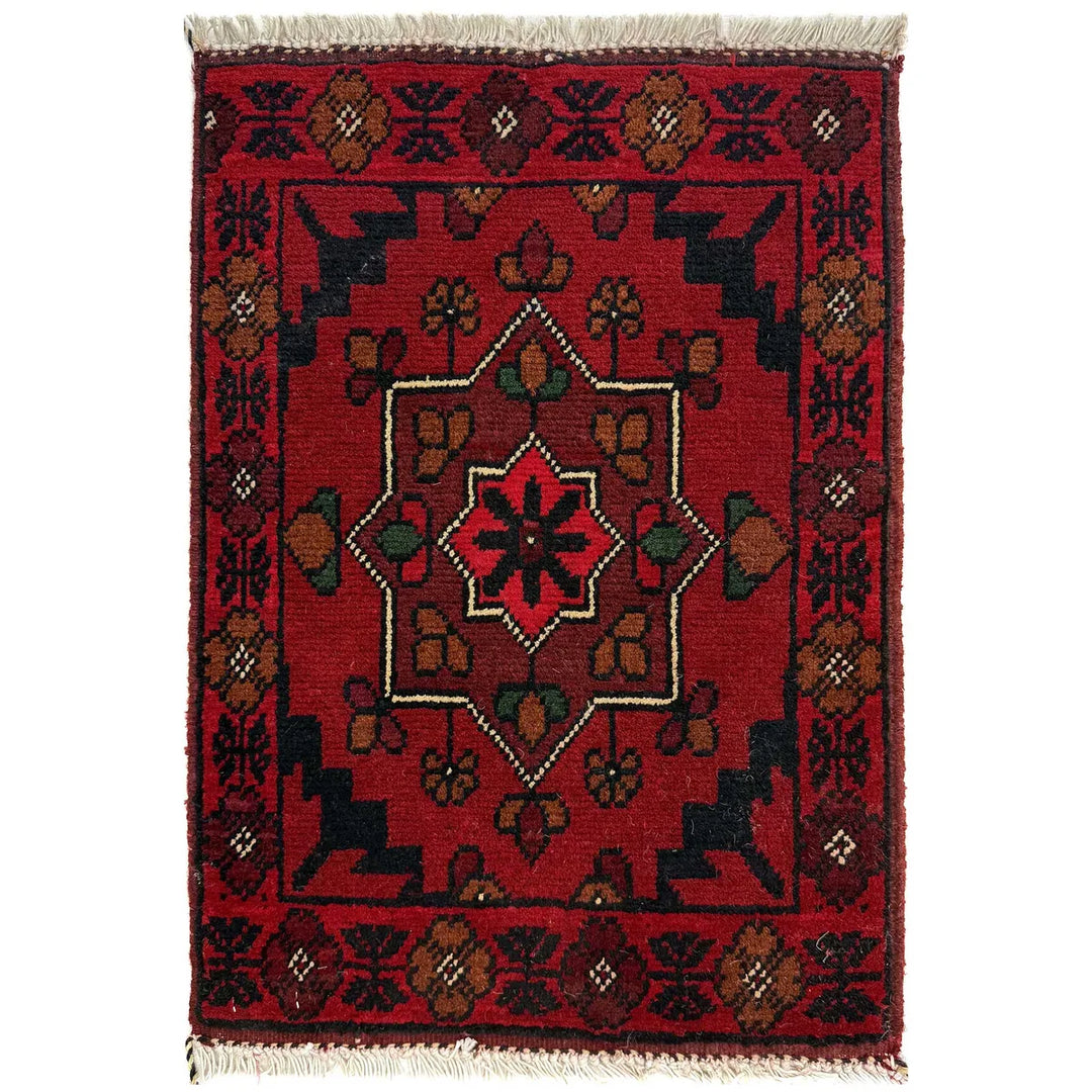 Red Afghan Doormat Rug 1' 5" x 2' 0" Hand-Knotted | No. AL687928