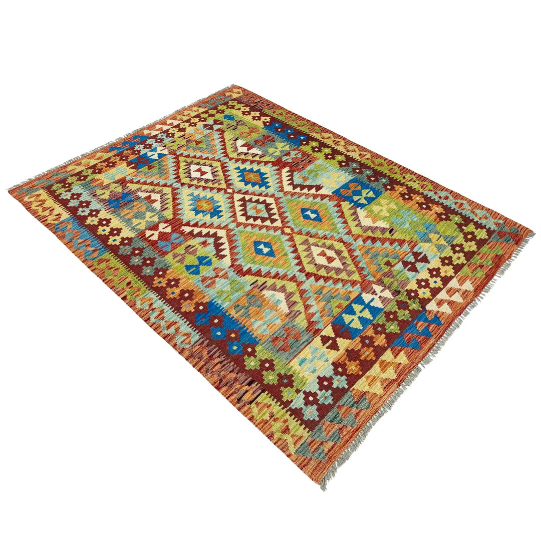 Afghan Vegetable Kilim Rug 4' 11" x 6' 7" Flat-Weave | No. AL689330