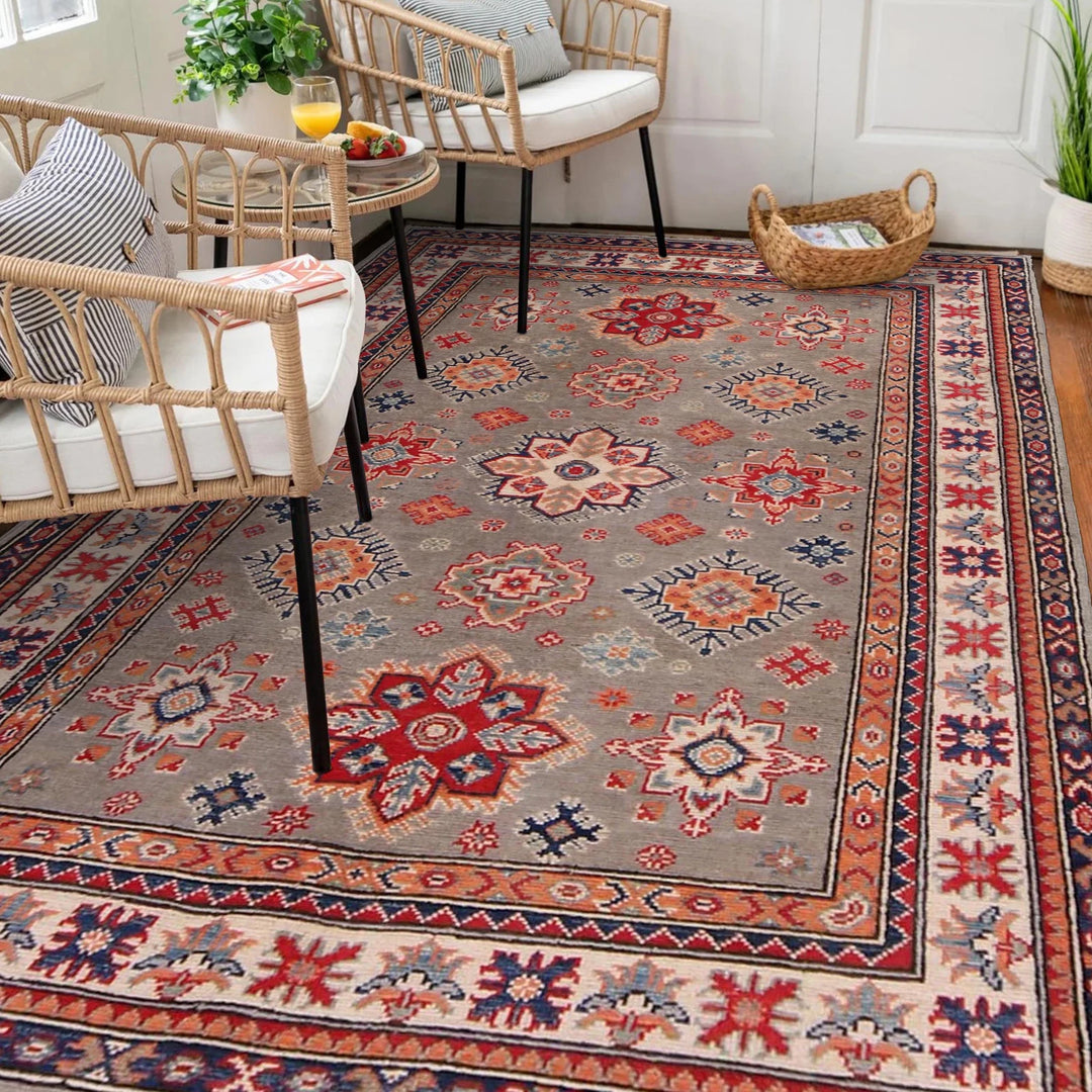 Gray Afghan Kazak Rug 4' 11" x 5' 11" Hand-Knotted | No. AL69000