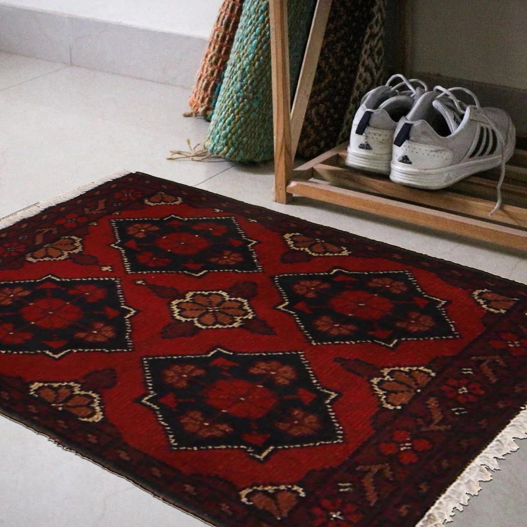 Red Afghan Oriental Doormat 1' 6" x 2' 0" Hand-Knotted | No. AL69026