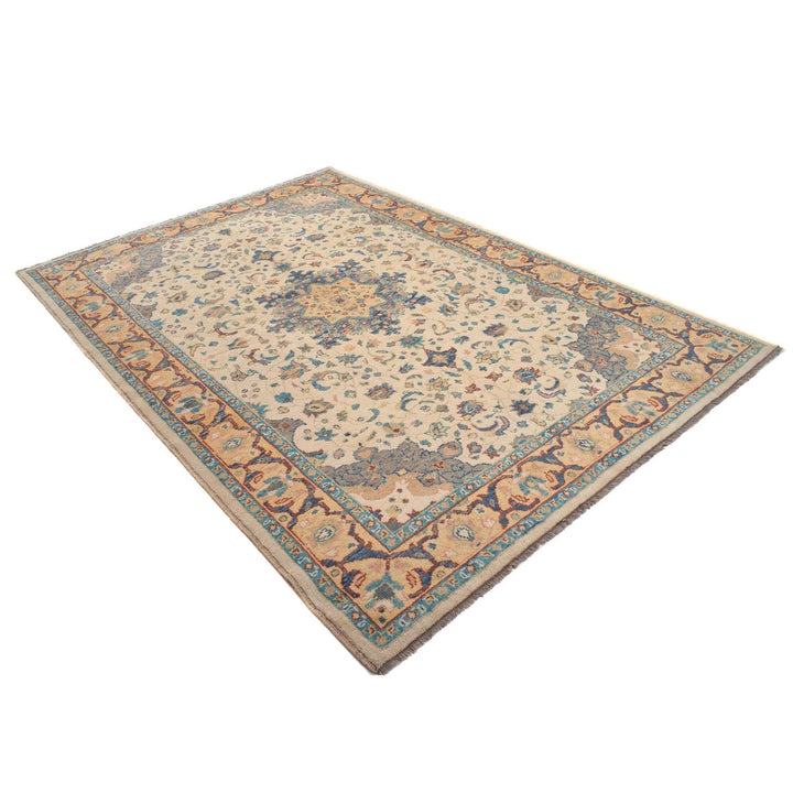 White Afghan Heriz Rug 6' 7" x 9' 8" Hand-Knotted | No. AL69222