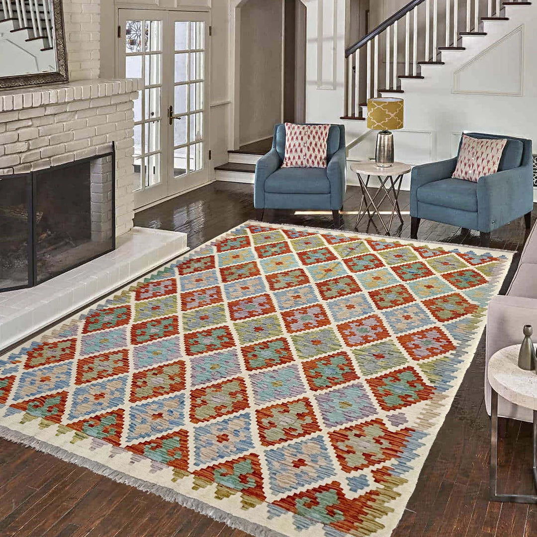 Multicolor Afghan Vegetable Kilim Rug 6' 1" x 7' 11" Flat-Weave | No. AL69332