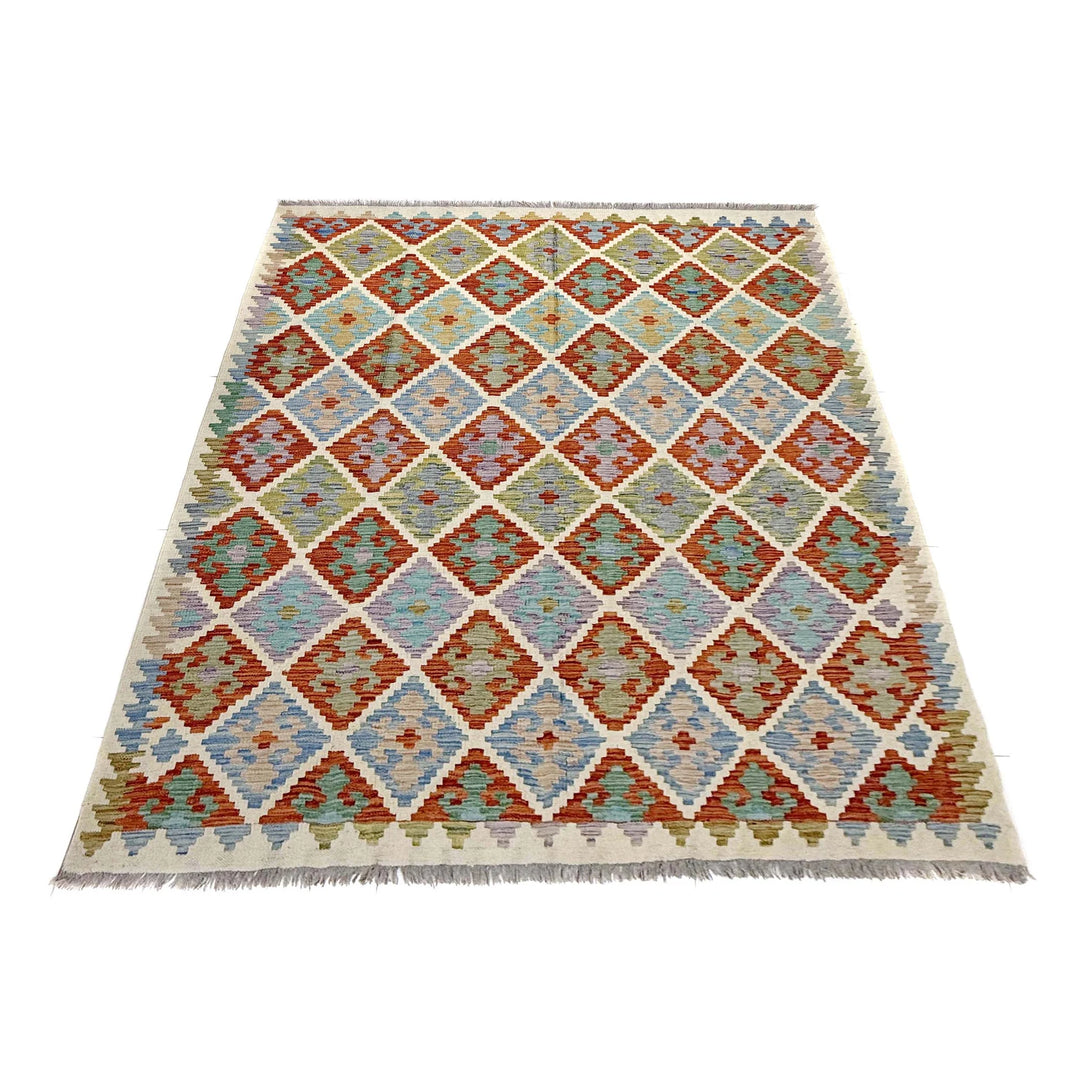 Multicolor Afghan Vegetable Kilim Rug 6' 1" x 7' 11" Flat-Weave | No. AL69332