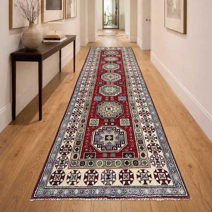 Red Afghan Kazak Rug 2' 8" x 9' 10" Hand-Knotted | No. AL69372
