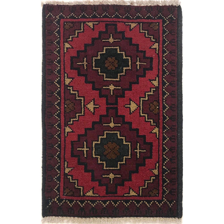 Red Afghan Oriental Doormat 1' 4" x 2' 0" Hand-Knotted | No. AL69427