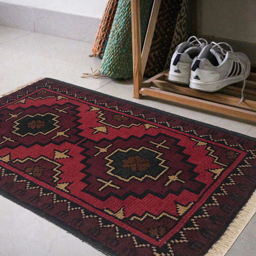 Red Afghan Oriental Doormat 1' 4" x 2' 0" Hand-Knotted | No. AL69427