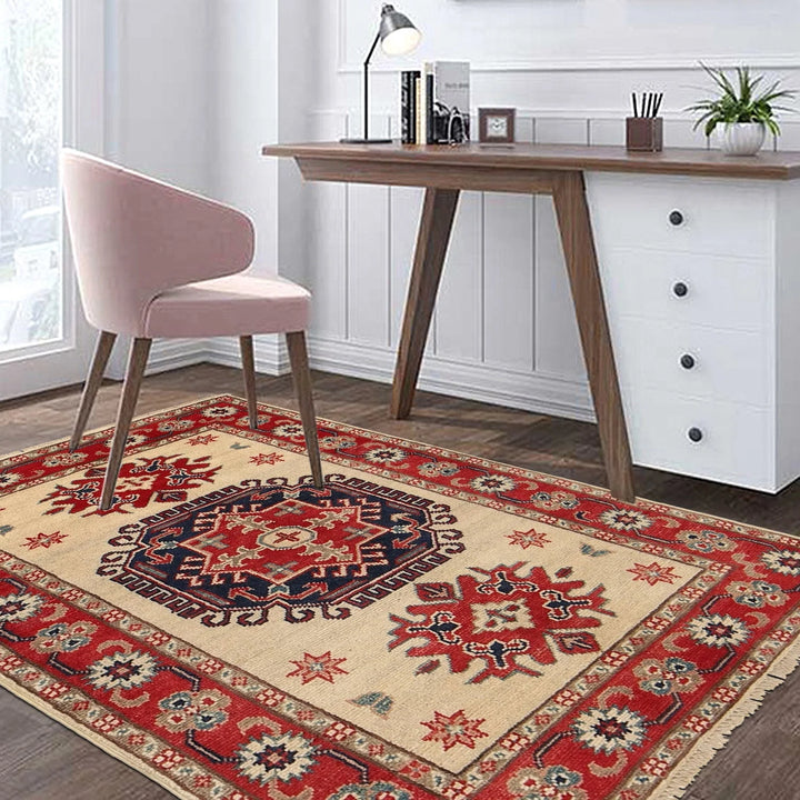 Ivory Afghan Kazak Rug 2' 9" x 4' 0" Hand-Knotted | No. AL69469