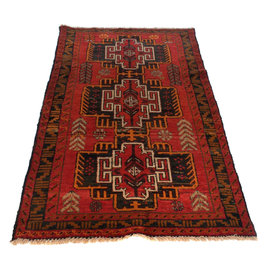 Red Afghan Baluchi Rug 3' 5" x 6' 4" Hand-Knotted | No. AL69588