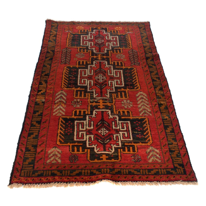 Red Afghan Baluchi Rug 3' 5" x 6' 4" Hand-Knotted | No. AL69588