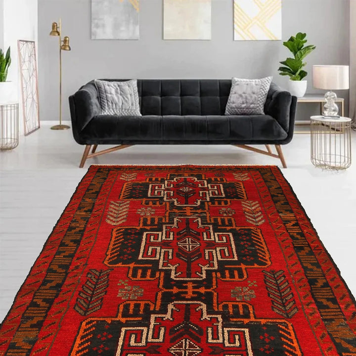 Red Afghan Baluchi Rug 3' 5" x 6' 4" Hand-Knotted | No. AL69588