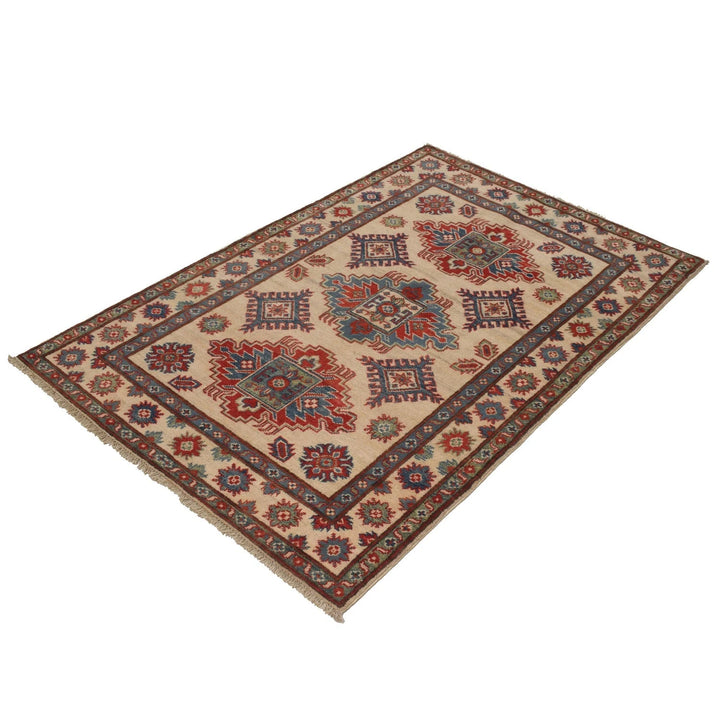 Ivory Afghan Kazak Rug 3' 5" x 5' 0" Hand-Knotted | No. AL69664