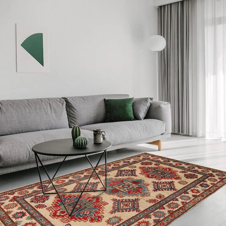 Ivory Afghan Kazak Rug 3' 5" x 5' 0" Hand-Knotted | No. AL69664