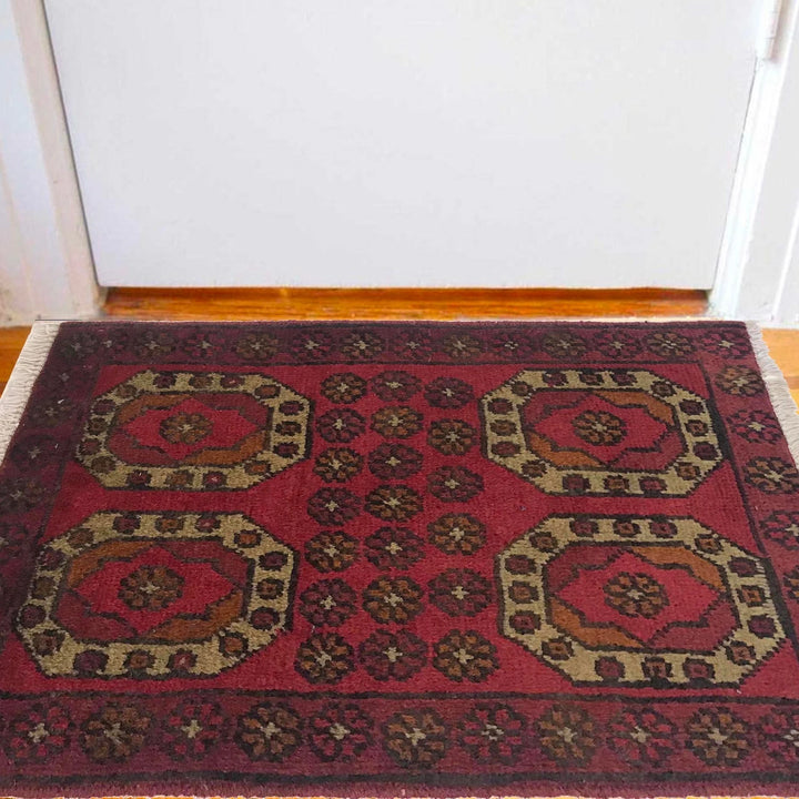 Red Afghan Oriental Doormat 1' 5" x 2' 0" Hand-Knotted | No. AL69672